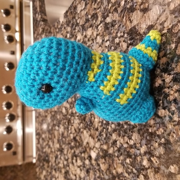 SOLD - Crochet  Small Turquoise T Rex - Picture 2 of 10